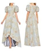 Mac Duggal 11608 Blue Brocade Puff Sleeve High Low Gown Sz 14