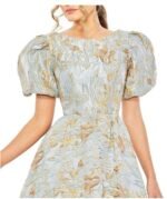 Mac Duggal 11608 Blue Brocade Puff Sleeve High Low Gown Sz 14 - Image 3