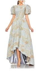 Mac Duggal 11608 Blue Brocade Puff Sleeve High Low Gown Sz 14 - Image 4