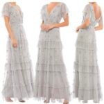 Mac Duggal 9068 Gray Ruffle Tiered Embellished Flutter Sleeve Gown Size 4 NWT
