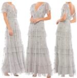 Mac Duggal 9068 Gray Ruffle Tiered Embellished Flutter Sleeve Gown Size 4 NWT