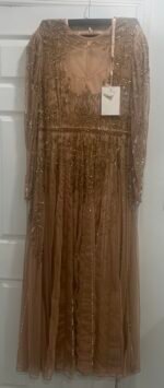 Mac Duggal 93638 Sz 16 Beaded Illusion Long Sleeve Gown Nude Gold - Image 5