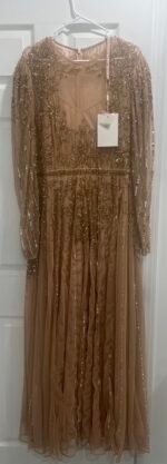 Mac Duggal 93638 Sz 16 Beaded Illusion Long Sleeve Gown Nude Gold - Image 8