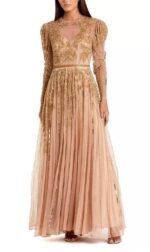Mac Duggal 93638 Sz 16 Beaded Illusion Long Sleeve Gown Nude Gold