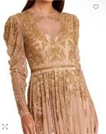 Mac Duggal 93638 Sz 16 Beaded Illusion Long Sleeve Gown Nude Gold - Image 4