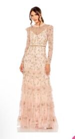 Mac Duggal 9237 Sz 22 Blush Beaded Tulle Formal Gown Long Sleeve