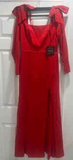 Ieena Mac Duggal Womens Size 8 Empire Waist Maxi Bow Shoulder Red Holiday Dress - Image 5