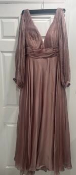Mac Duggal 67414 Sz 16 Mocha Chiffon Gown Cutaway Sleeve Beaded Cuff - Image 6