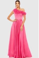 Mac Duggal 11684 Women's Formal Dress Size 4 Pink Satin Feather Trim A-Line Gown