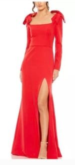 Ieena Mac Duggal Womens Size 8 Empire Waist Maxi Bow Shoulder Red Holiday Dress