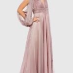 Mac Duggal 67414 Sz 16 Mocha Chiffon Gown Cutaway Sleeve Beaded Cuff