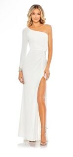 Mac Duggal 55696 Sz 10 White One-Shoulder Long Sleeve Jersey Gown