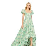 MAC DUGGAL Size 12 Green Floral Brocade 68276 Puff Sleeve High Low Gown Dress