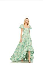 MAC DUGGAL Size 12 Green Floral Brocade 68276 Puff Sleeve High Low Gown Dress