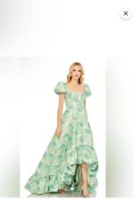 MAC DUGGAL Size 12 Green Floral Brocade 68276 Puff Sleeve High Low Gown Dress - Image 3