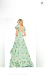MAC DUGGAL Size 12 Green Floral Brocade 68276 Puff Sleeve High Low Gown Dress - Image 4
