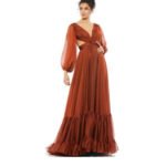 Mac Duggal NWT Copper Pleated Cut Out Long Sleeve Lace Up Tiered Gown Size 2