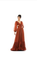 Mac Duggal NWT Copper Pleated Cut Out Long Sleeve Lace Up Tiered Gown Size 2