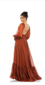 Mac Duggal NWT Copper Pleated Cut Out Long Sleeve Lace Up Tiered Gown Size 2 - Image 3