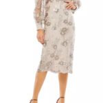 MAC DUGGAL 70237 EMBELLISHED HIGH NECK ILLUSIONS LONG SLEEVE MOCHA MIDI DRESS 16