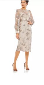 MAC DUGGAL 70237 EMBELLISHED HIGH NECK ILLUSIONS LONG SLEEVE MOCHA MIDI DRESS 16