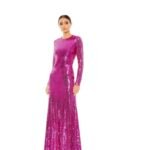 MAC DUGGAL A10891 SEQUINED LONG SLEEVE HIGH NECK OPEN BACK FUCHSIA GOWN sz 10