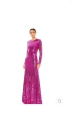 MAC DUGGAL A10891 SEQUINED LONG SLEEVE HIGH NECK OPEN BACK FUCHSIA GOWN sz 10