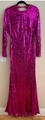 MAC DUGGAL A10891 SEQUINED LONG SLEEVE HIGH NECK OPEN BACK FUCHSIA GOWN sz 10 - Image 5