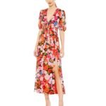 Ieena Mac Duggal 55626 Sz 8 Multicolor Floral Print Front Tie Slit Midi Dress