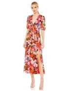 Ieena Mac Duggal 55626 Sz 8 Multicolor Floral Print Front Tie Slit Midi Dress