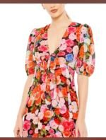 Ieena Mac Duggal 55626 Sz 8 Multicolor Floral Print Front Tie Slit Midi Dress - Image 3