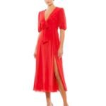 Ieena Mac Duggal 55627  Red Puff Sleeve Tie Slit  Midi Dress  Size 4