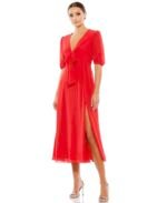 Ieena Mac Duggal 55627  Red Puff Sleeve Tie Slit  Midi Dress  Size 4