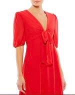 Ieena Mac Duggal 55627  Red Puff Sleeve Tie Slit  Midi Dress  Size 4 - Image 3