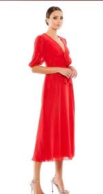 Ieena Mac Duggal 55627  Red Puff Sleeve Tie Slit  Midi Dress  Size 4 - Image 5