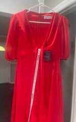 Ieena Mac Duggal 55627  Red Puff Sleeve Tie Slit  Midi Dress  Size 4 - Image 6
