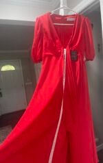 Ieena Mac Duggal 55627  Red Puff Sleeve Tie Slit  Midi Dress  Size 4 - Image 7