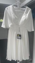 IEENA Mac Duggal Satin Flowy Cape Sleeve Mini Cocktail Dress In White Sz 2 - Image 6