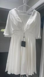 IEENA Mac Duggal Satin Flowy Cape Sleeve Mini Cocktail Dress In White Sz 2 - Image 8
