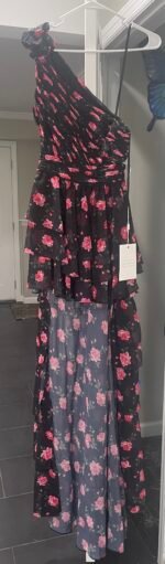 NWT Mac Duggal 70246 Black Floral Chiffon One Shoulder High Low Maxi Dress 4 - Image 5