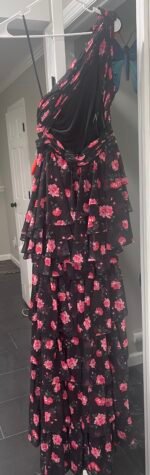 NWT Mac Duggal 70246 Black Floral Chiffon One Shoulder High Low Maxi Dress 4 - Image 7