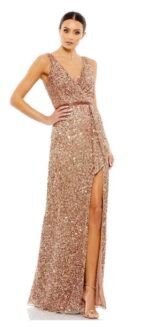 NWT MAC DUGGAL 5539 Sz 16 V-Neck High Slit Sequined Wrap Gown Copper