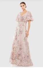 MAC DUGGAL  67880 Sz 18 FLORAL EMBELLISHED SHORT FLUTTER SLEEVE ROSE PINK DRESS