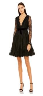 Mac Duggal 49794 size 10 black long sleeve lace babydoll dress