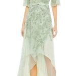 Mac Duggal 93681 Sz 6 Sage Green Sequined Butterfly Sleeve High Low Gown