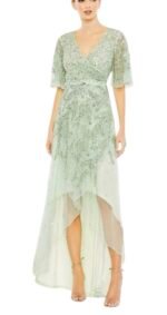 Mac Duggal 93681 Sz 6 Sage Green Sequined Butterfly Sleeve High Low Gown