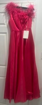 Mac Duggal 11684 Women's Formal Dress Sz 10 Pink Satin Feather Trim A-Line Gown - Image 5