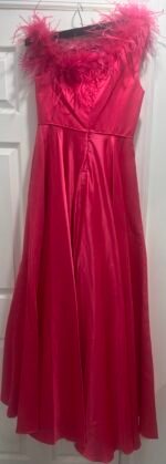 Mac Duggal 11684 Women's Formal Dress Sz 10 Pink Satin Feather Trim A-Line Gown - Image 7