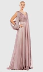 Mac Duggal 67414 Sz 12 Mocha Chiffon Gown Cutaway Sleeve Beaded Cuff