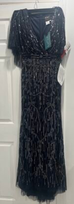 Mac Duggal 9064 Sz 4 Blue Embellished Cape Sleeve Dress Faux Wrap Trumpet Gown - Image 4